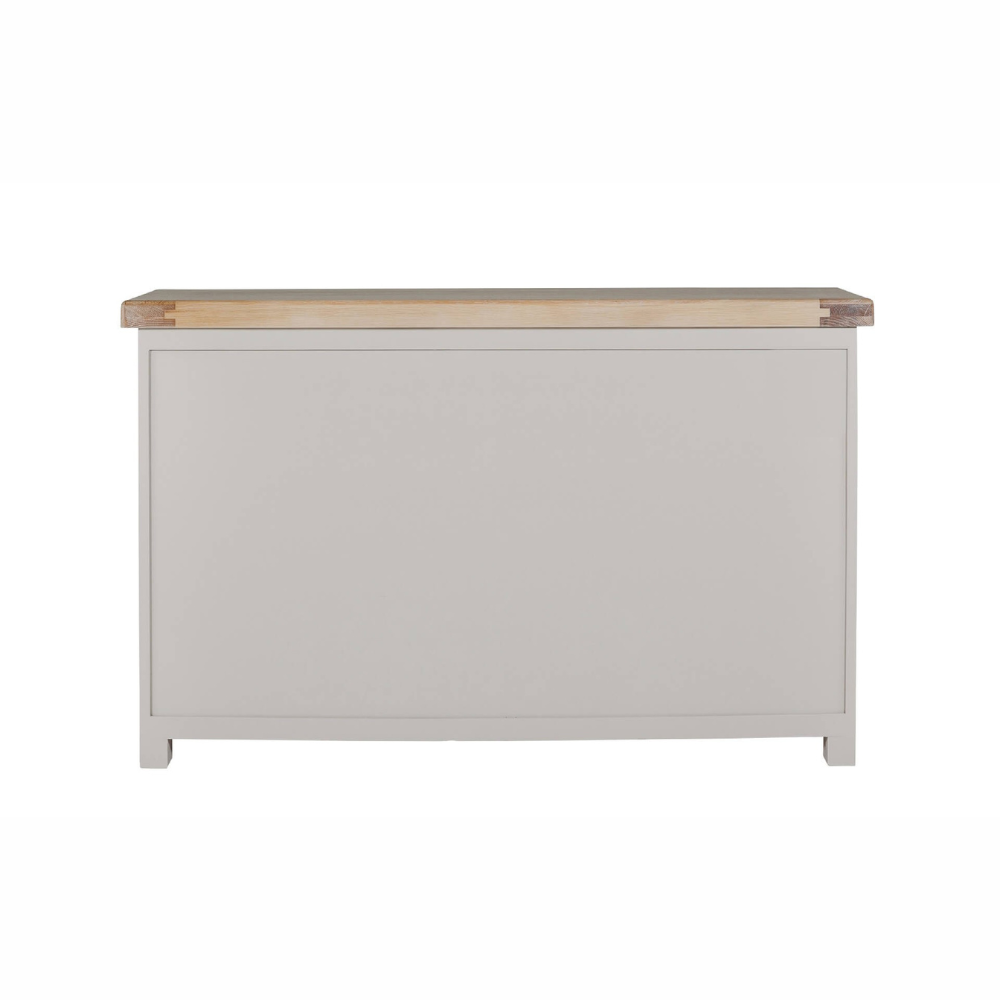The Doune Large Sideboard Cabinet in Taupe offers oak veneer top, 3 drawers, 2 doors, over 100cm wide & internal shelving