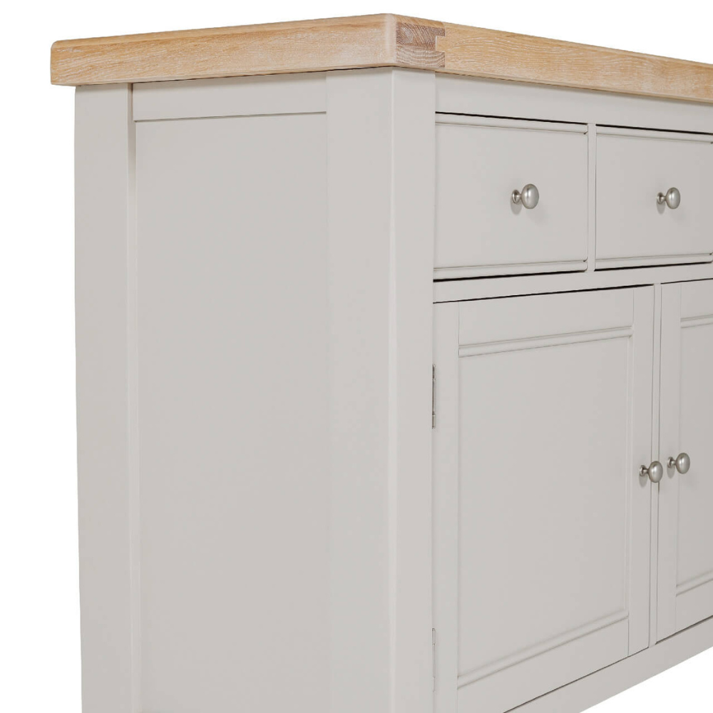 The Doune Large Sideboard Cabinet in Taupe offers oak veneer top, 3 drawers, 2 doors, over 100cm wide & internal shelving