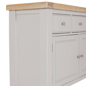 The Doune Large Sideboard Cabinet in Taupe offers oak veneer top, 3 drawers, 2 doors, over 100cm wide & internal shelving