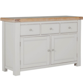 The Doune Large Sideboard Cabinet in Taupe offers oak veneer top, 3 drawers, 2 doors, over 100cm wide & internal shelving