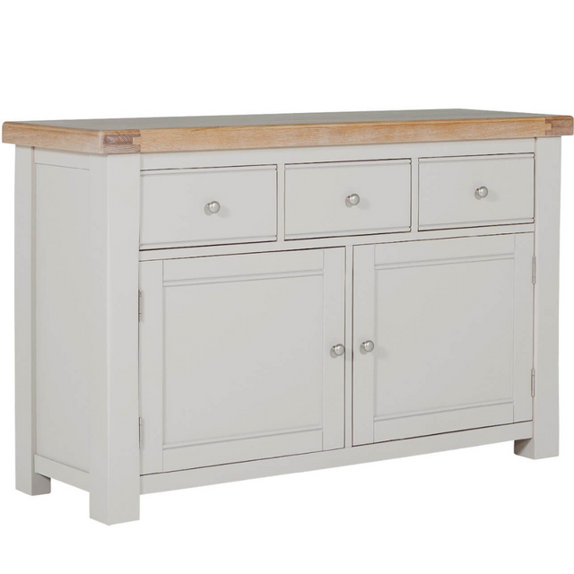 The Doune Large Sideboard Cabinet in Taupe offers oak veneer top, 3 drawers, 2 doors, over 100cm wide & internal shelving