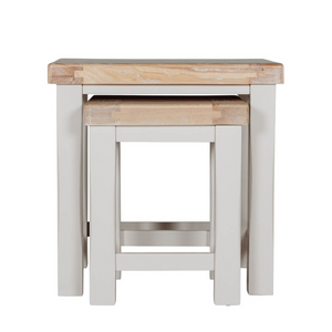 The Doune Nest of Tables in Taupe features oak top offers, versatility and painted finish, perfect for adaptable functionality.