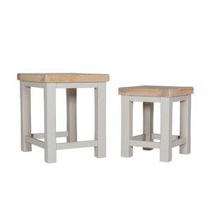 The Doune Nest of Tables in Taupe features oak top offers, versatility and painted finish, perfect for adaptable functionality.
