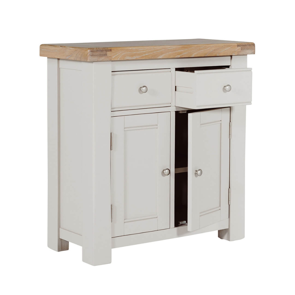 The Doune Small Sideboard in Taupe features oak veneer top, two drawers and internal shelving, practical for organized storage
