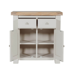 The Doune Small Sideboard in Taupe features oak veneer top, two drawers and internal shelving, practical for organized storage