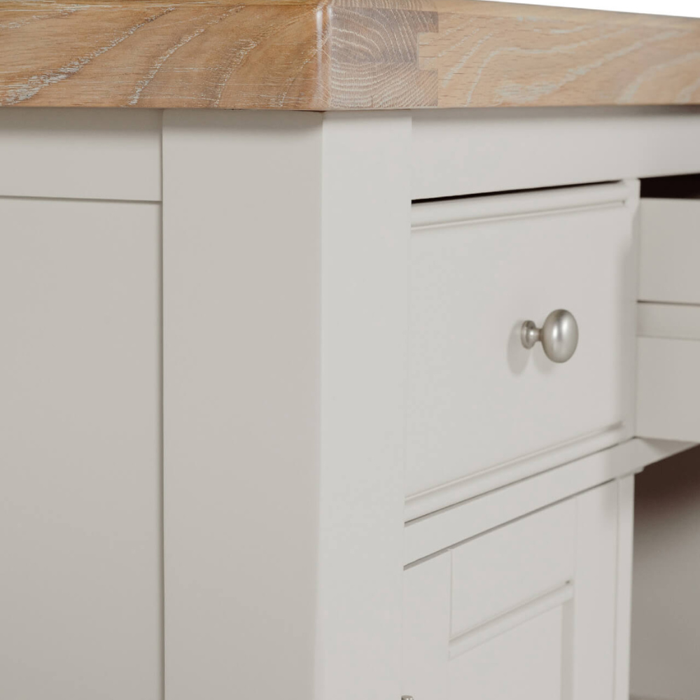 The Doune Small Sideboard in Taupe features oak veneer top, two drawers and internal shelving, practical for organized storage
