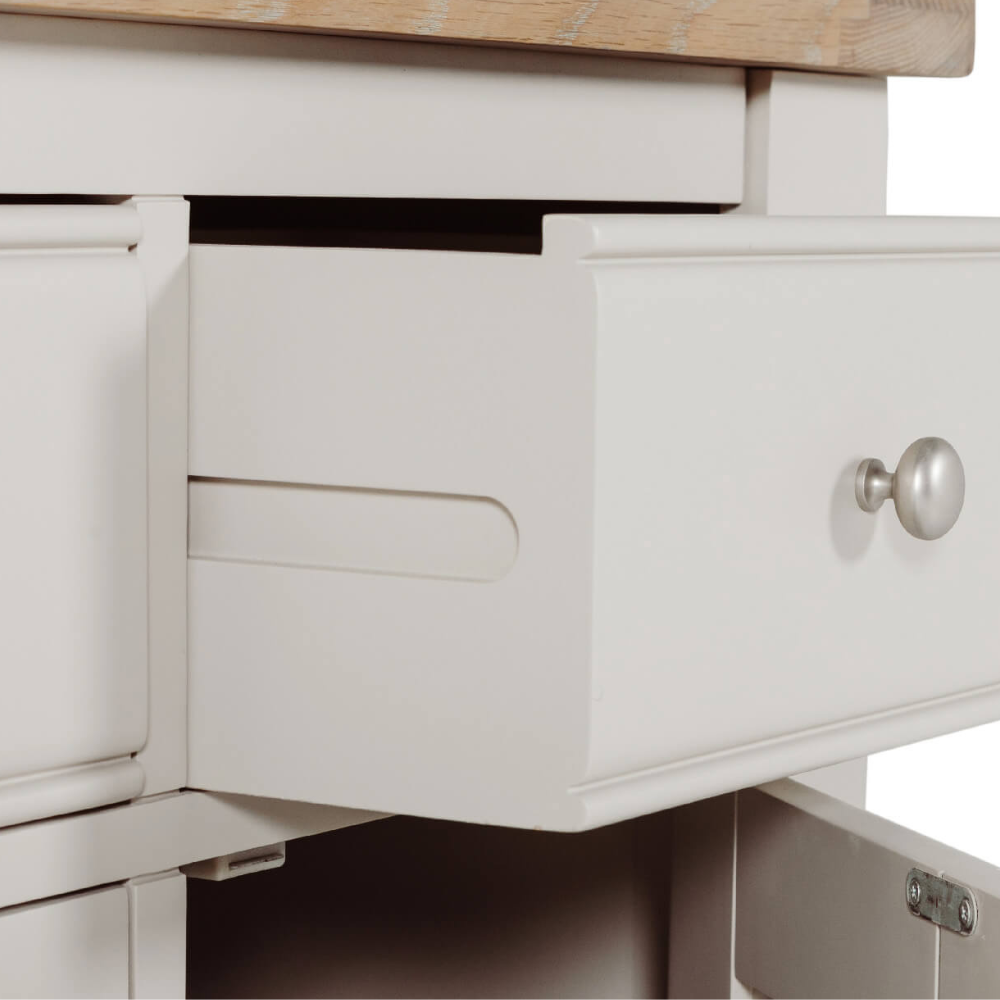 The Doune Small Sideboard in Taupe features oak veneer top, two drawers and internal shelving, practical for organized storage