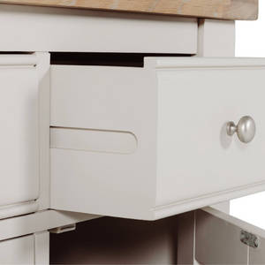 The Doune Small Sideboard in Taupe features oak veneer top, two drawers and internal shelving, practical for organized storage