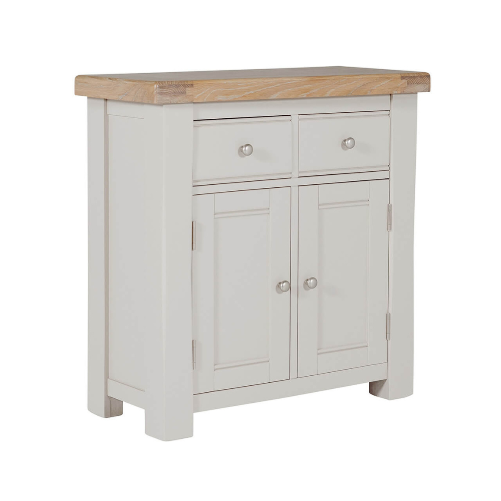 The Doune Small Sideboard in Taupe features oak veneer top, two drawers and internal shelving, practical for organized storage