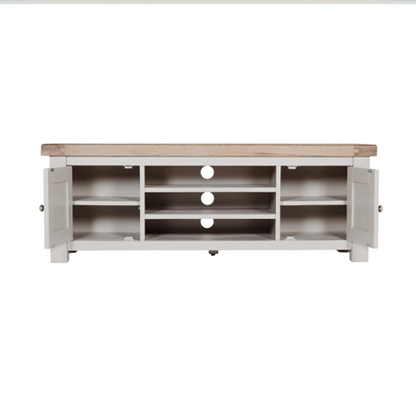 The Doune 1400 TV Unit in Taupe features oak top, dual cabinets with shelves and open space with cable cut-out.
