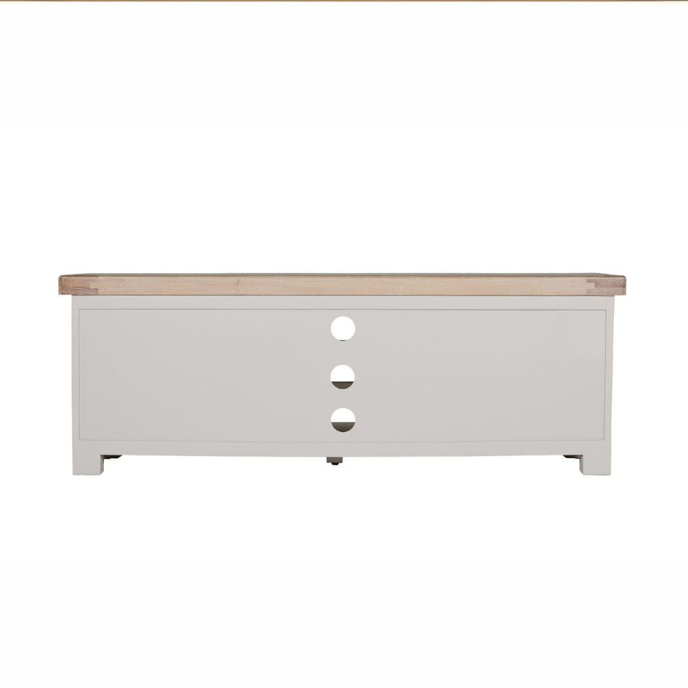 The Doune 1400 TV Unit in Taupe features oak top, dual cabinets with shelves and open space with cable cut-out.
