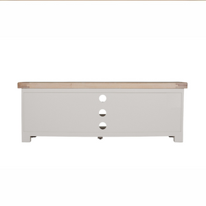 The Doune 1400 TV Unit in Taupe features oak top, dual cabinets with shelves and open space with cable cut-out.