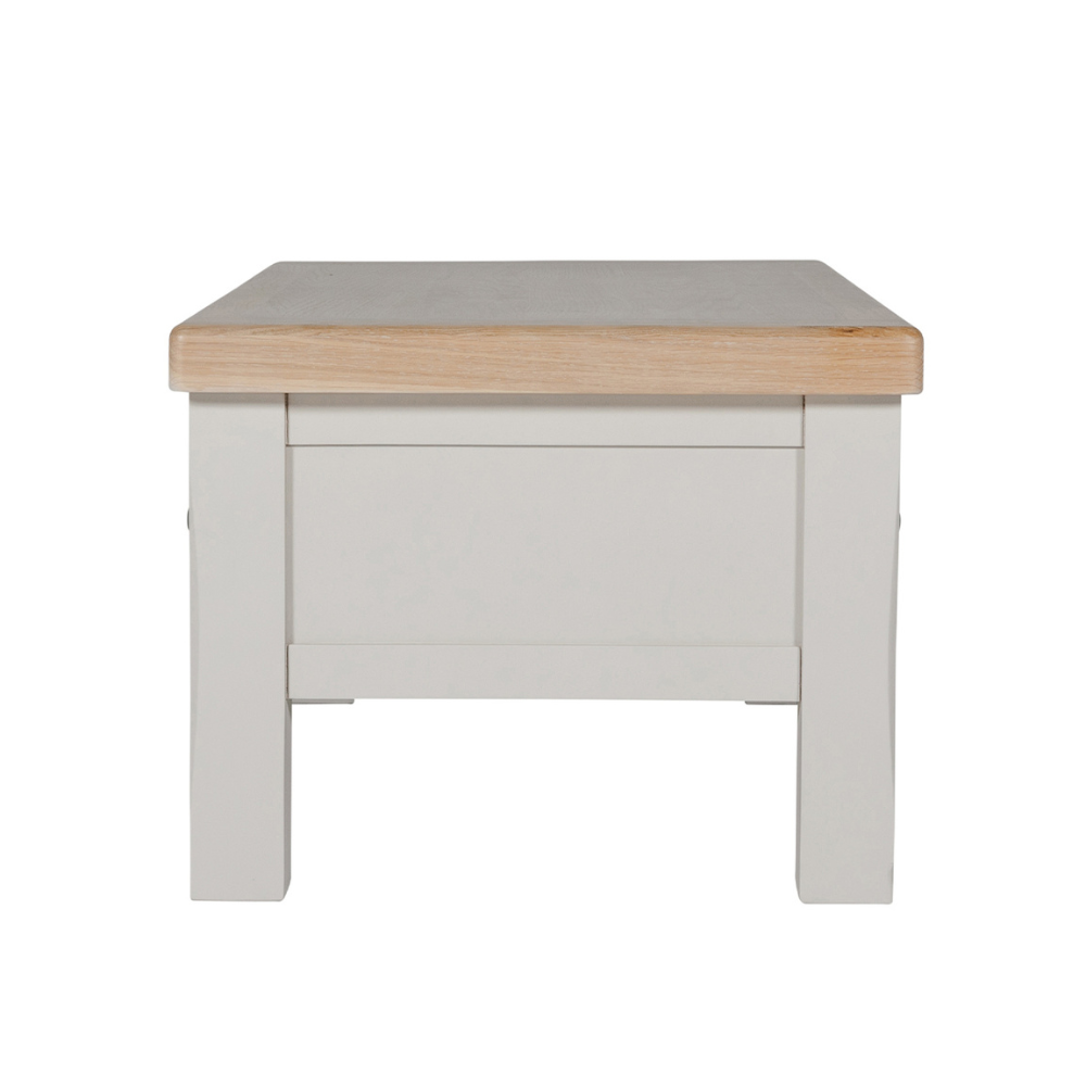 The Doune 1400 TV Unit in Taupe features oak top, dual cabinets with shelves and open space with cable cut-out.