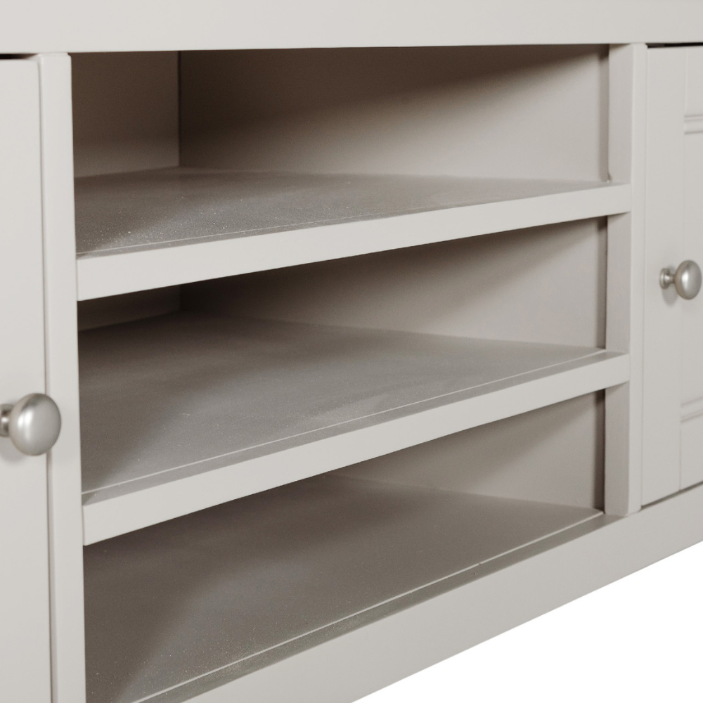 The Doune 1400 TV Unit in Taupe features oak top, dual cabinets with shelves and open space with cable cut-out.