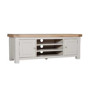 The Doune 1400 TV Unit in Taupe features oak top, dual cabinets with shelves and open space with cable cut-out.