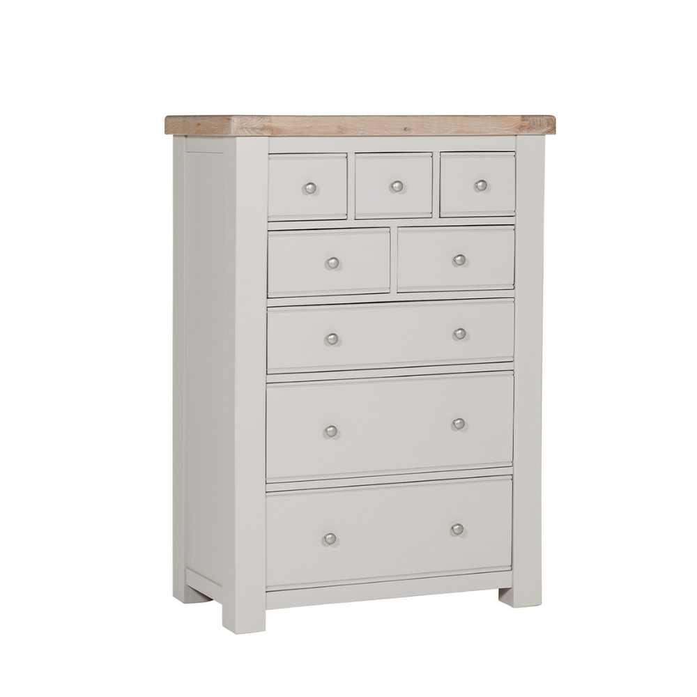 The Doune Tall Chest 8 Drawer in Taupe features oak veneer top and metal handles; ample storage with a chic finish.