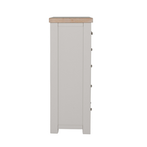 The Doune Tall Chest 8 Drawer in Taupe features oak veneer top and metal handles; ample storage with a chic finish.