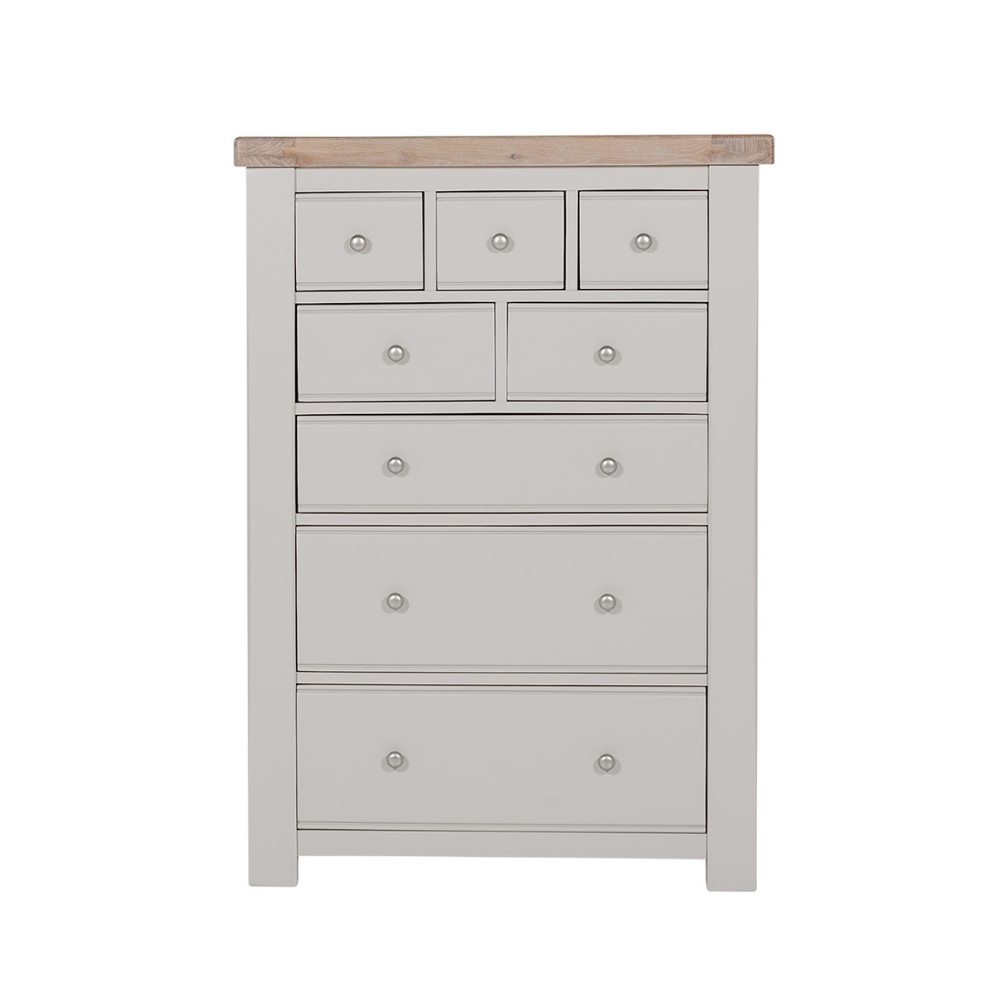 The Doune Tall Chest 8 Drawer in Taupe features oak veneer top and metal handles; ample storage with a chic finish.