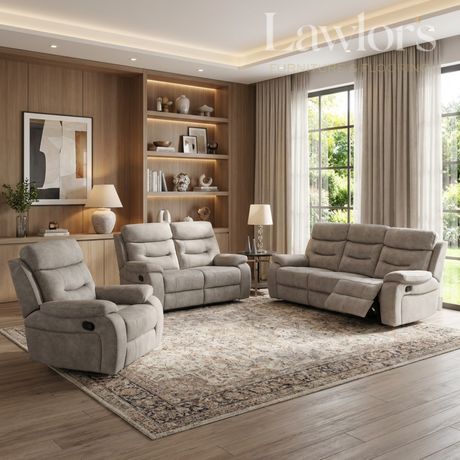 Modern living room with cream recliner sofa set, bookshelf, and large windows.