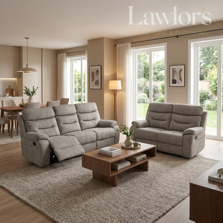 Living room with cream 3+2 reclining sofa set, wooden coffee table