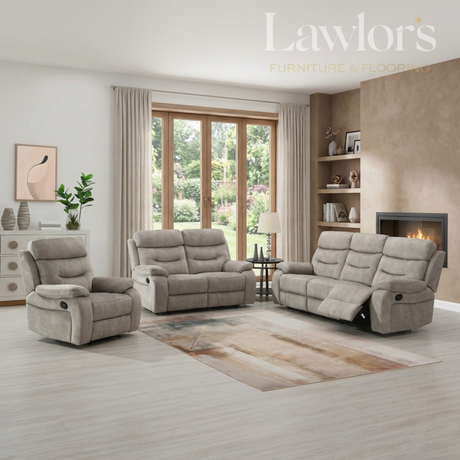 Living room with cream 3+2+1 recliner furniture set and fireplace