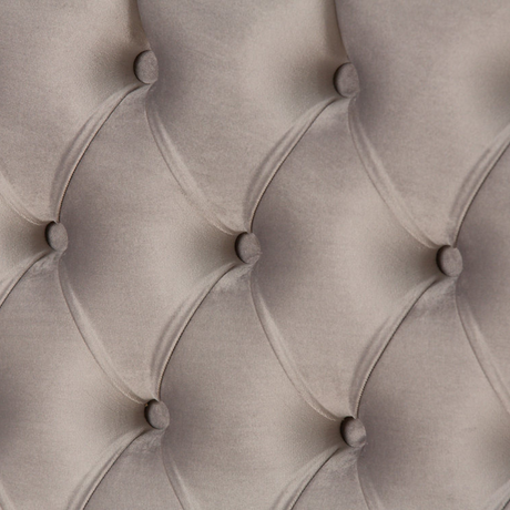 The Eclipse Fabric Headboard - 56" features arched winged with deep buttons, custom fabric and floor standing with chrome gliders, ideal for any bed!