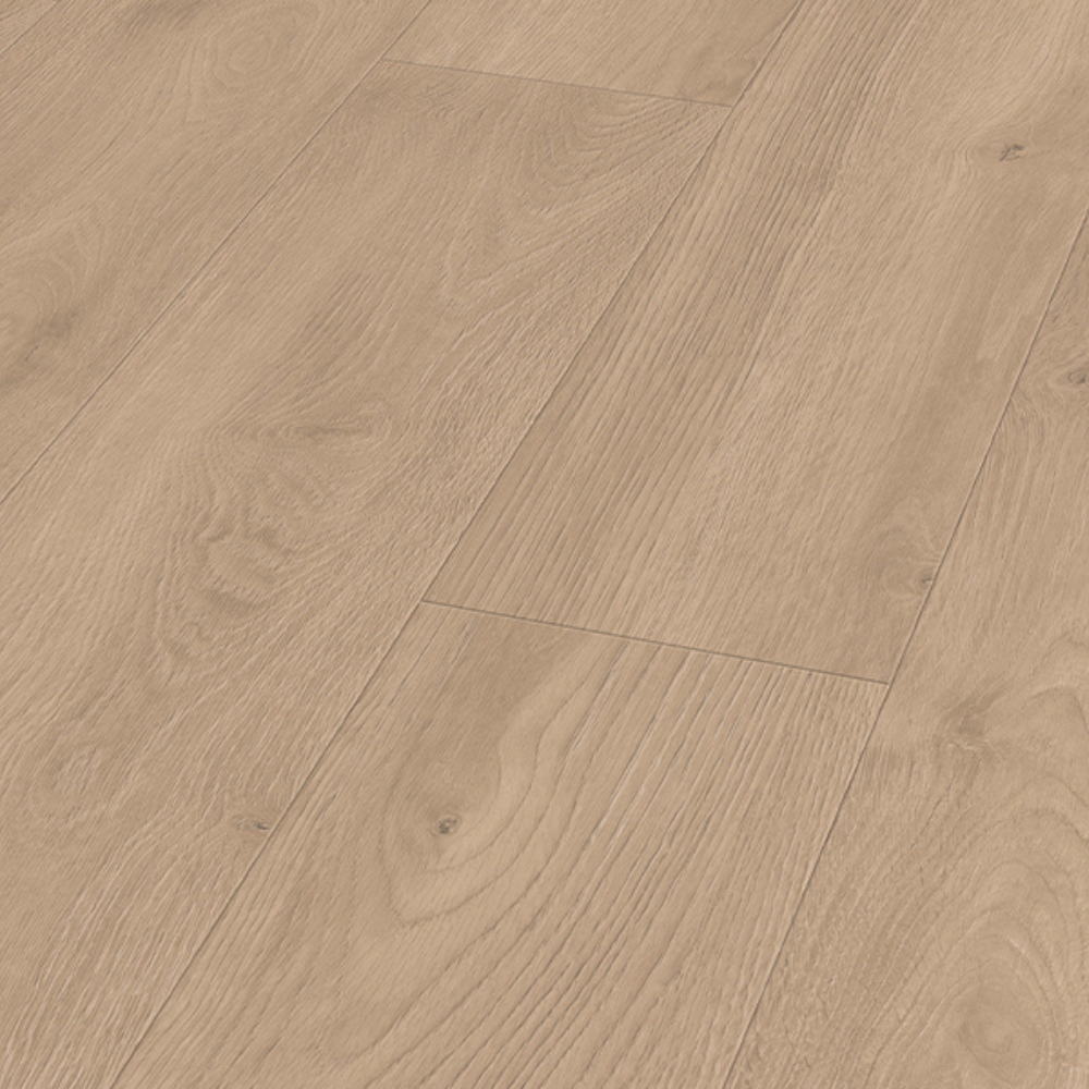 The Elba Oak Gold Laminate Flooring - 12mm features AC5 durability, Aqua Pearl spill resistance and light oak