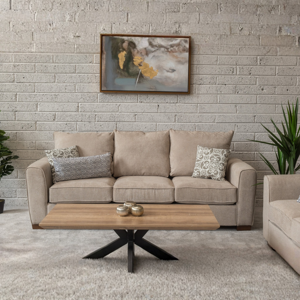 The Ellis Fabric Sofa in Beige combines timeless style and comfort with soft fabric and sturdy wooden leg for long lasting style and durability
