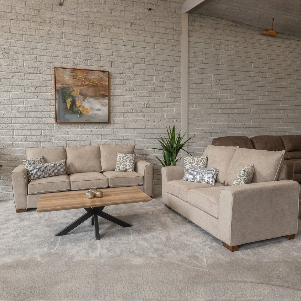 The Ellis Fabric Sofa in Beige combines timeless style and comfort with soft fabric and sturdy wooden leg for long lasting style and durability