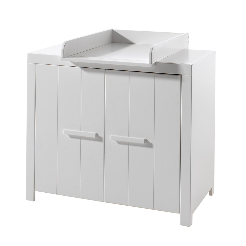 The Erik Baby Dresser with Changing Unit in White features a safe changing table space with 2 door storage, solid pine/MDF build and wall mount option