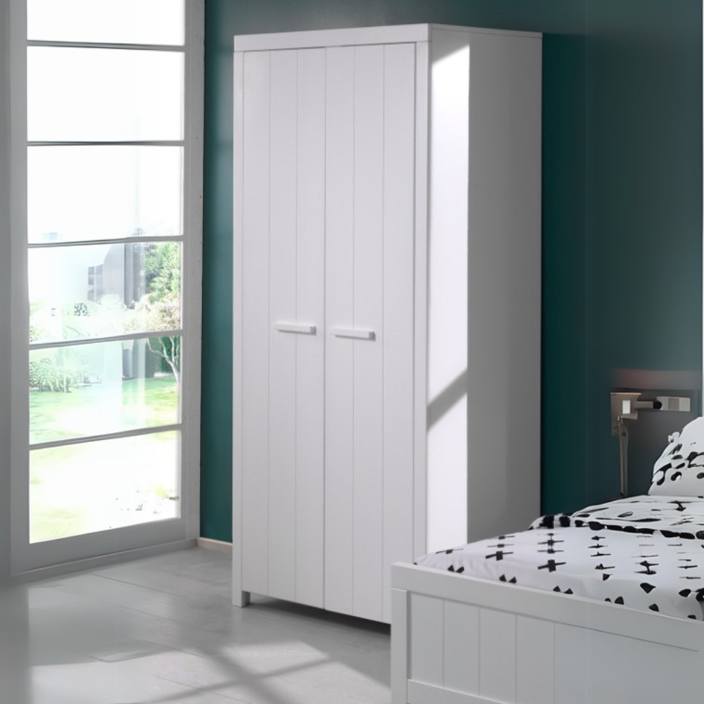The Erik 2 Door Wardrobe in White features shelves, hanging rail, soft close doors and Belgian style in solid pine and MDF, an ideal addition for kids rooms