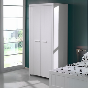 The Erik 2 Door Wardrobe in White features shelves, hanging rail, soft close doors and Belgian style in solid pine and MDF, an ideal addition for kids rooms