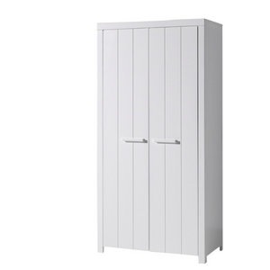 The Erik 2 Door Wardrobe in White features shelves, hanging rail, soft close doors and Belgian style in solid pine and MDF, an ideal addition for kids rooms