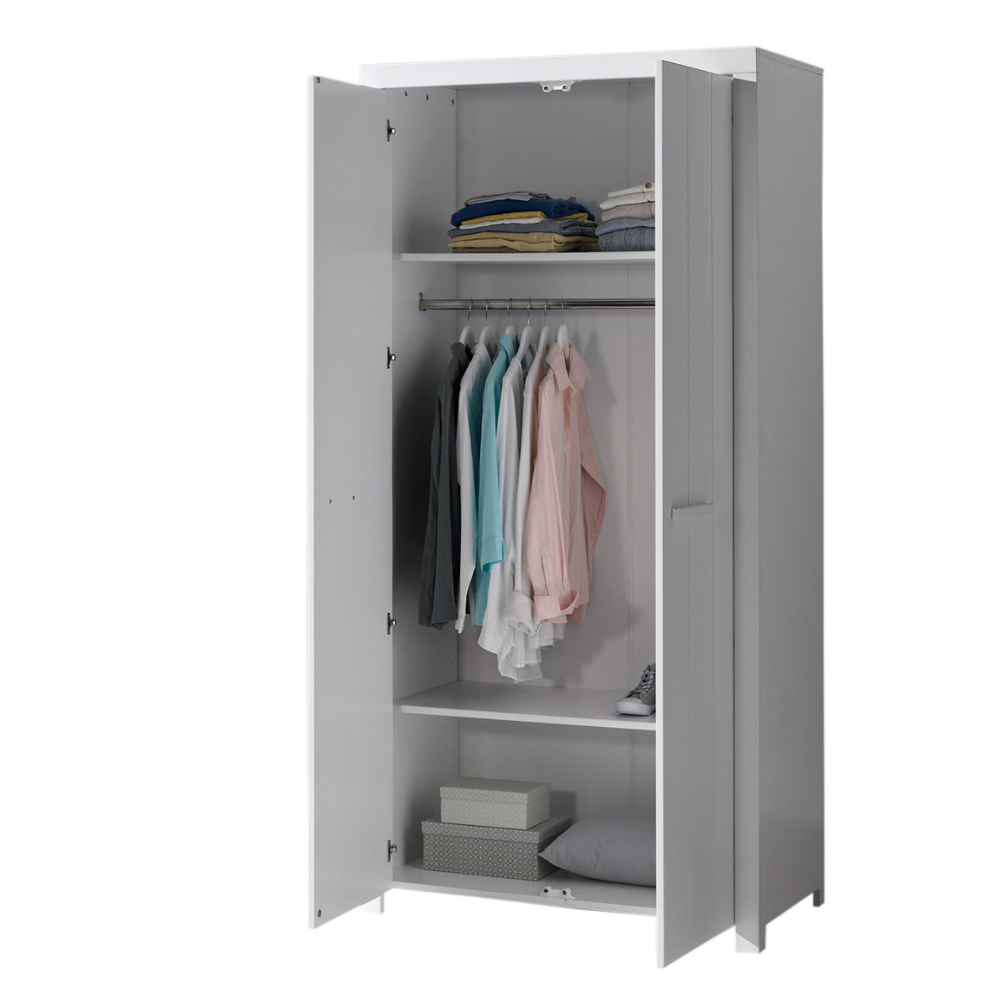 The Erik 2 Door Wardrobe in White features shelves, hanging rail, soft close doors and Belgian style in solid pine and MDF, an ideal addition for kids rooms