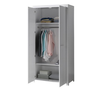 The Erik 2 Door Wardrobe in White features shelves, hanging rail, soft close doors and Belgian style in solid pine and MDF, an ideal addition for kids rooms