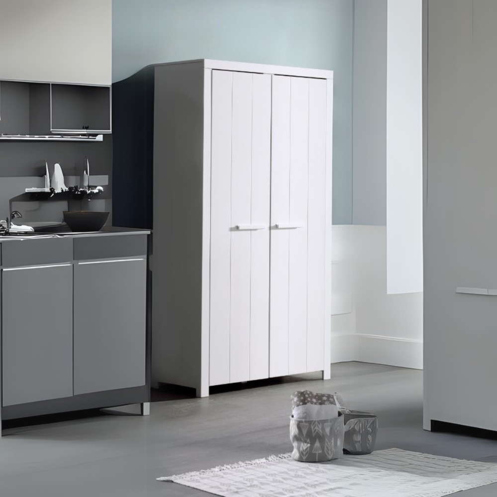 The Erik 2 Door Wardrobe in White features shelves, hanging rail, soft close doors and Belgian style in solid pine and MDF, an ideal addition for kids rooms