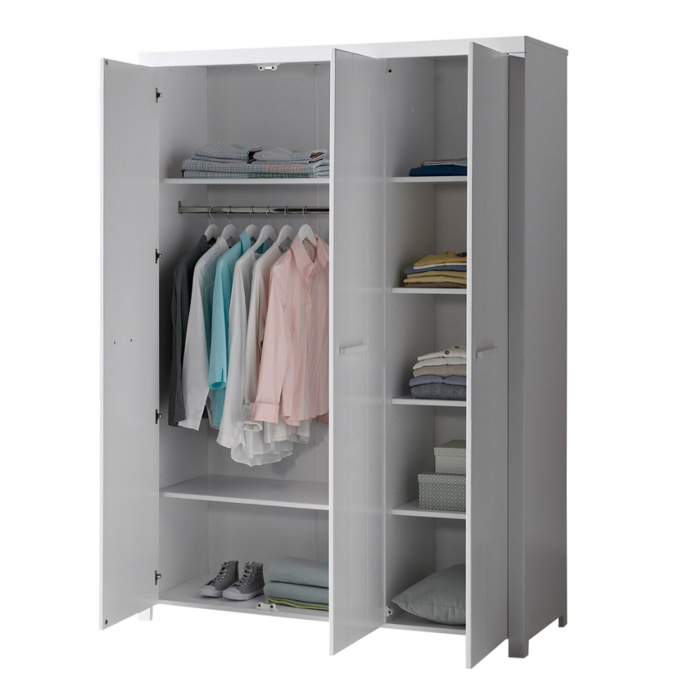 The Erik 3 Door Wardrobe in White features shelves, hanging rail, soft close doors and Belgian style in solid pine and MDF, perfect addition for kids rooms