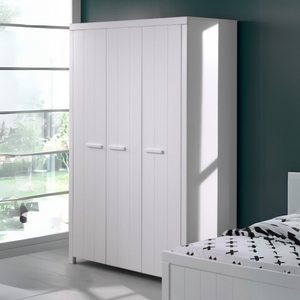 The Erik 3 Door Wardrobe in White features shelves, hanging rail, soft close doors and Belgian style in solid pine and MDF, perfect addition for kids rooms