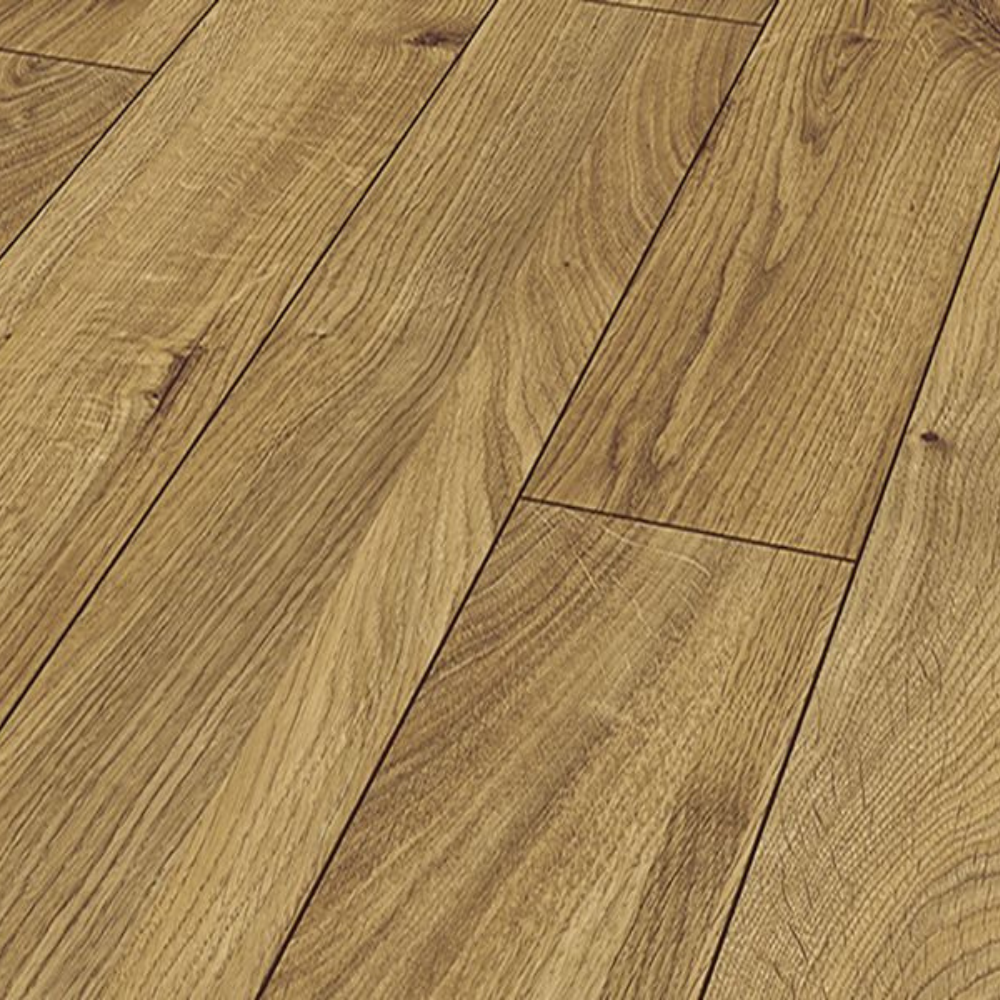 The Everest Oak Bronze Laminate Flooring - 12mm features AC5-rated durability, embossed oak finish and 5G Click installation.