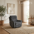 A dark gray upholstered recliner chair placed on a woven area rug in a bright, modern living room with wood floors, beige curtains, a potted tree, and wall art.