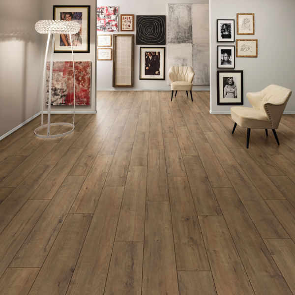 The Fawn Apollo Oak Laminate Flooring - 8mm features natural warmth, AC4 durability, antibacterial, and easy 1Click 2Go installation