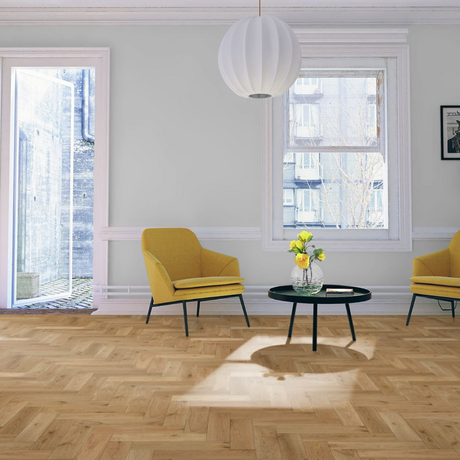 The Natural Oak Brushed Herringbone Engineered Flooring - 15mm features natural brushed oak, durable multi layer core and a stylish herringbone