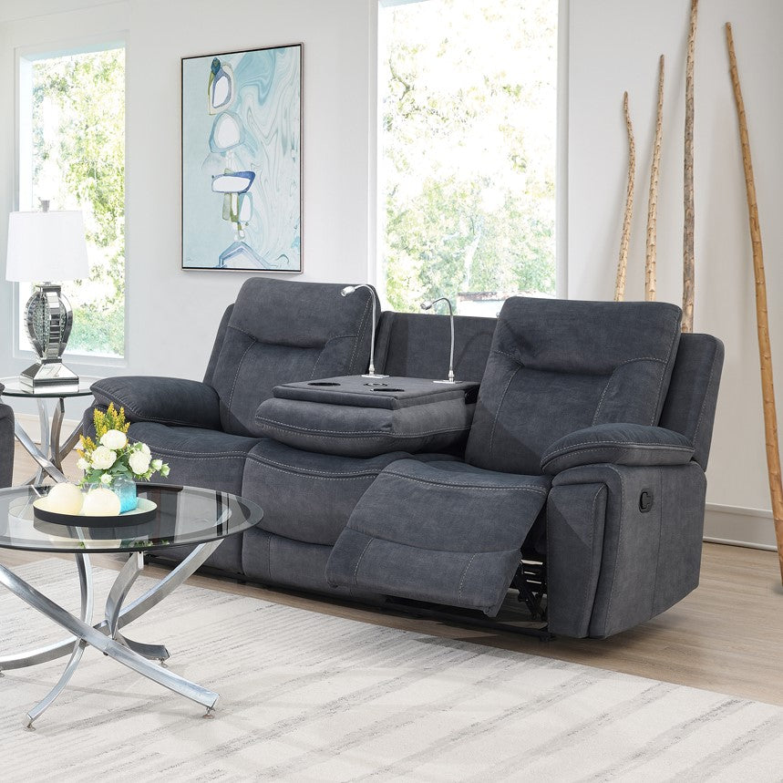 The Edison Recliner Sofa in Grey features easy-clean fabric, electric reclining, drop-down tray with cup holders, wireless charging.