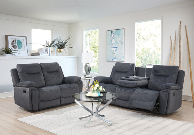 The Edison Recliner Sofa in Grey features easy-clean fabric, electric reclining, drop-down tray with cup holders, wireless charging.