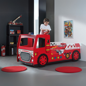 VIPACK Fire Truck Bed in Red features an LED lamp and a slatted base for a fun and functional car bed, perfect for young heroes and their sleep