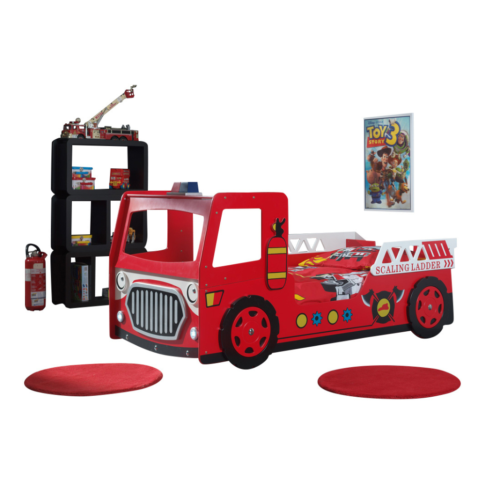 VIPACK Fire Truck Bed in Red features an LED lamp and a slatted base for a fun and functional car bed, perfect for young heroes and their sleep