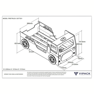 VIPACK Fire Truck Bed in Red features an LED lamp and a slatted base for a fun and functional car bed, perfect for young heroes and their sleep