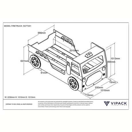 VIPACK Fire Truck Bed in Red features an LED lamp and a slatted base for a fun and functional car bed, perfect for young heroes and their sleep