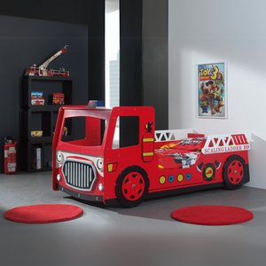 VIPACK Fire Truck Bed in Red features an LED lamp and a slatted base for a fun and functional car bed, perfect for young heroes and their sleep