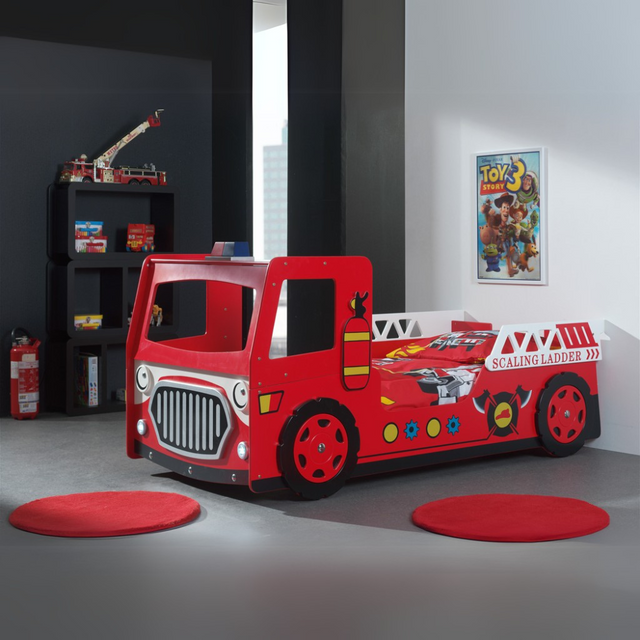 VIPACK Fire Truck Bed in Red features an LED lamp and a slatted base for a fun and functional car bed, perfect for young heroes and their sleep